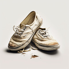 a studio photograph of a pair of worn and dirty white canvas sneakers, teenager's shoes on a white background