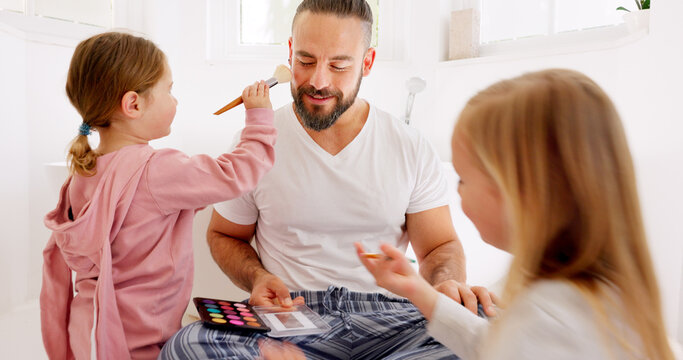 Father makeup face, playing children for happy bonding together and morning sitting in home bathroom. Dad girl kids, comic cosmetics game with kids smile for funny foundation for facial man in house