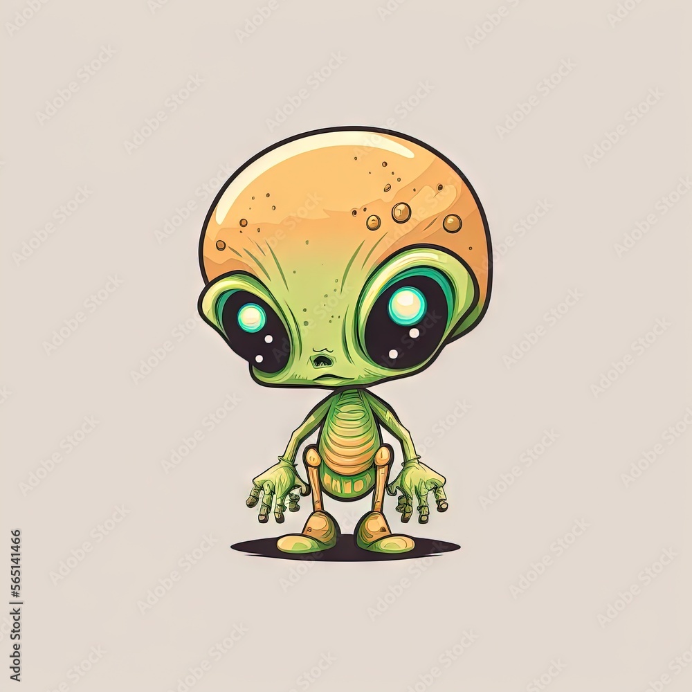 Poster a cartoon alien with big eyes and a weird head, standing in front of a white background with a light