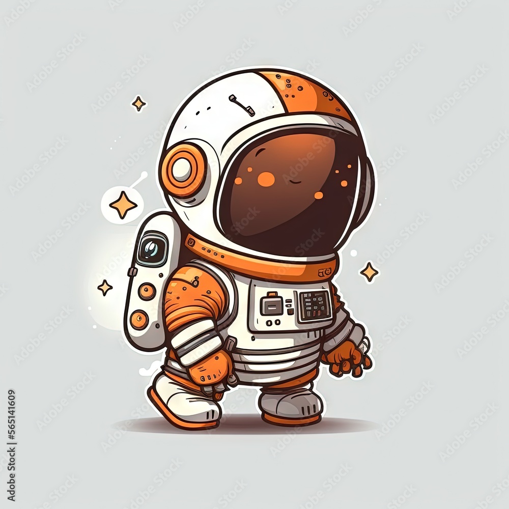 Poster a cartoon character in a space suit with stars around it's head and a camera in his hand, with a gra