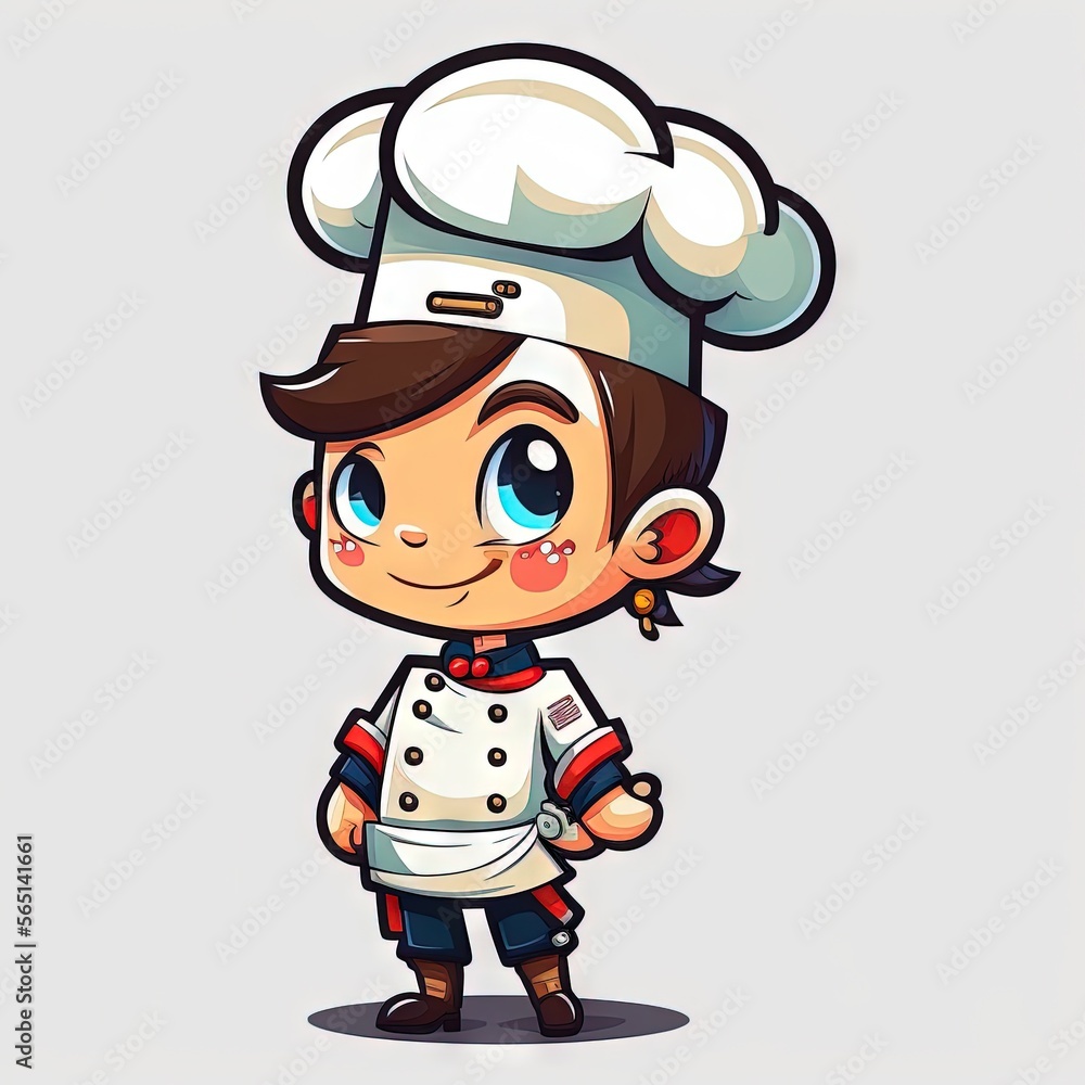 Poster a cartoon character with a chef hat on and a chef's uniform on, standing in front of a white backgro