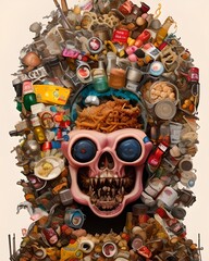 Trash zombie skull, junkfood zombie zombie junkyard, futuristic skulls