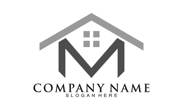 Letter m alphabet with house roof vector logo
