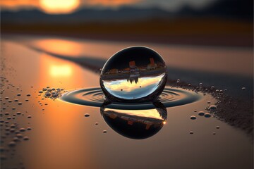  a water droplet with a reflection of a sunset in it and a reflection of a building in the water on the surface of the water.  generative ai