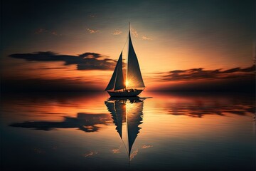 Fototapeta premium a sailboat is sailing in the water at sunset with the sun setting in the background and clouds in the sky above it, and a reflection of the water. generative ai