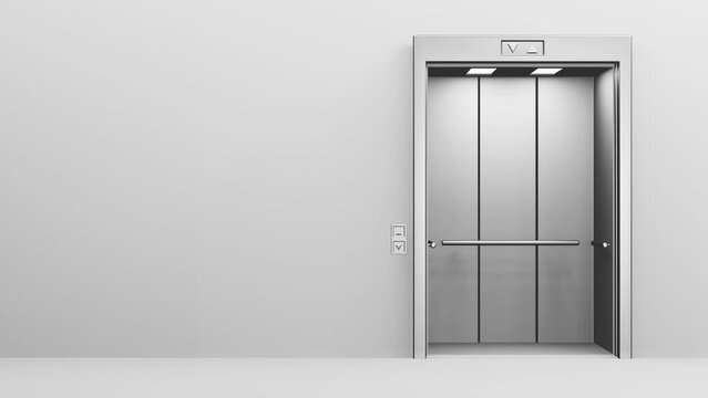 3D elevator door on right side opening to reveal lift inside. Seamless loop, 3D Rendered 4K animation. Business, Success, Optimism
