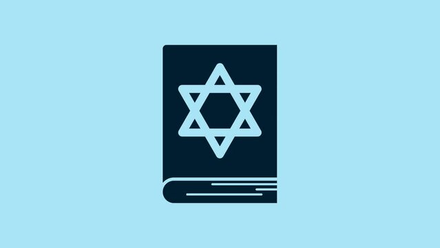 Blue Jewish torah book icon isolated on blue background. Pentateuch of Moses. On the cover of the Bible is the image of the Star of David. 4K Video motion graphic animation