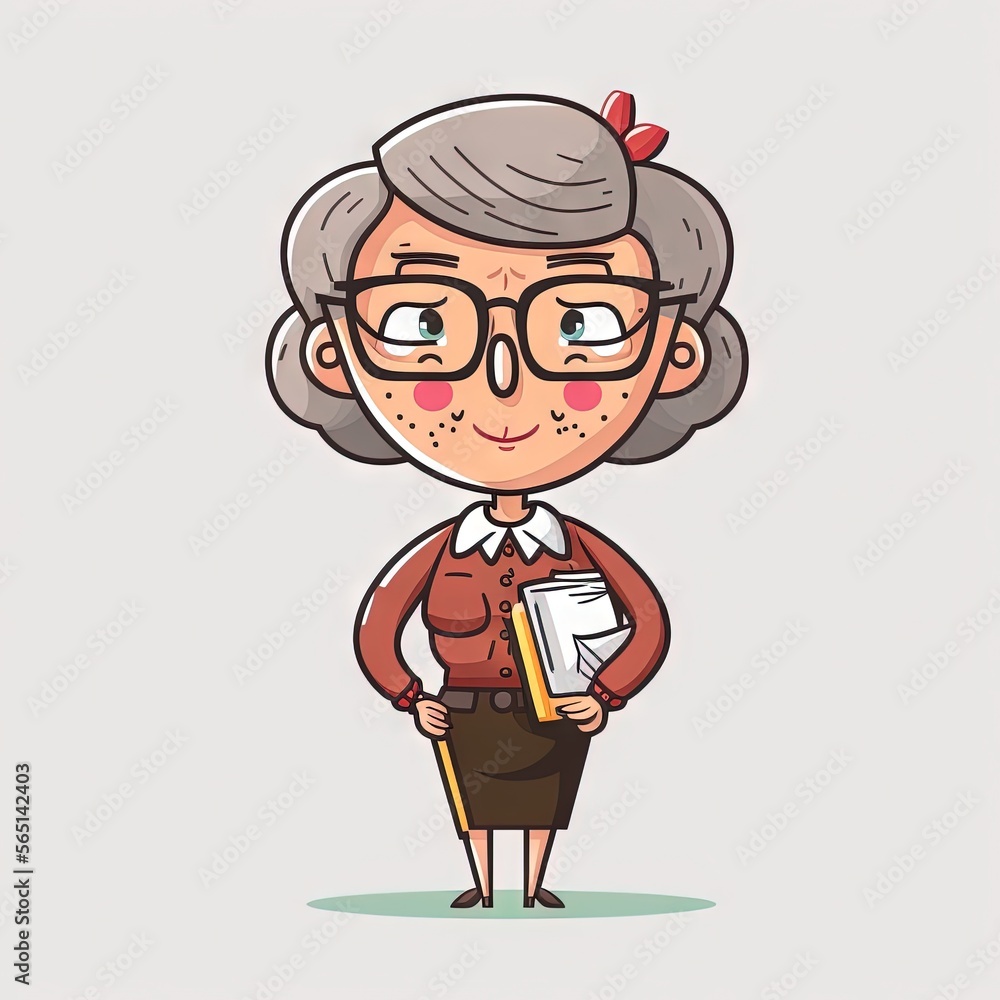 Poster an old woman with glasses holding a folder and a pen in her hand, standing in front of a white backg