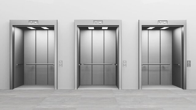 Three elevators doors closing and opening seamless loop 4k animation for keying. 3D Modern elevator lift doors animation. 3D Render
