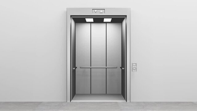 Opening and closing animation of modern elevator doors. Modern empty elevator with open metal doors. 4K Seamless looping animation of modern elevator lift. 3D Render