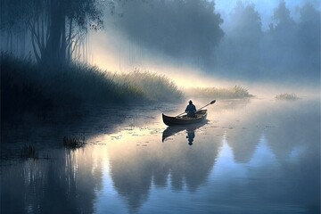  a man in a canoe on a misty lake with fog in the air and trees in the background, with a person in the canoe paddling the water.  generative ai