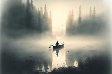 Poster  a person in a canoe on a misty lake with trees in the background and fog in the air above the water and fog in the air.  generative ai © Anna