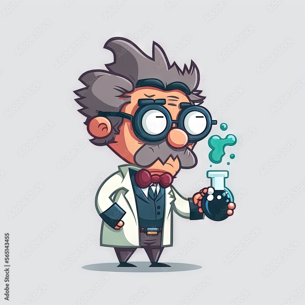 Poster a cartoon scientist holding a beakle with a question mark on it's side and a beakle with a question 