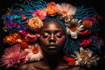 A beautiful black african american girl with colorful hair and eyes closed in multi colored flowers with copy space, generative AI