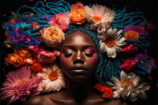 A beautiful black african american girl with colorful hair and eyes closed in multi colored flowers with copy space, generative AI