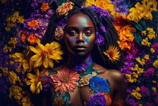 A beautiful black african american girl with colorful hair looking straight in multi colored flowers with copy space, generative AI