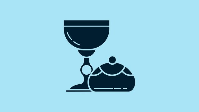 Blue Jewish goblet and hanukkah sufganiyot icon isolated on blue background. Jewish sweet bakery. Wine cup for kiddush. 4K Video motion graphic animation