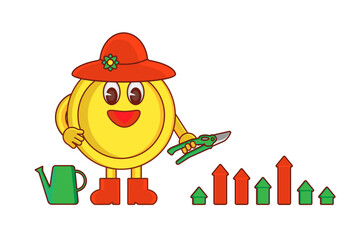 The coin grows interest vector illustration for children. Teaching financial literacy for kids, families. Saving budget explanation for child. Bank deposits growth. Financial system explain.