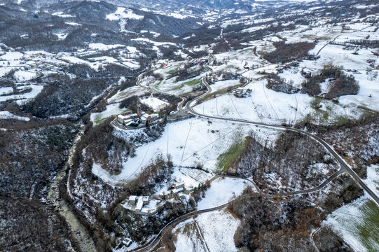 Drone View Of Our Lady Of Lourdes Grotto - Sperongia Parish - Morfasso, Piacenza, Emilia Romagna, Italy In Winter