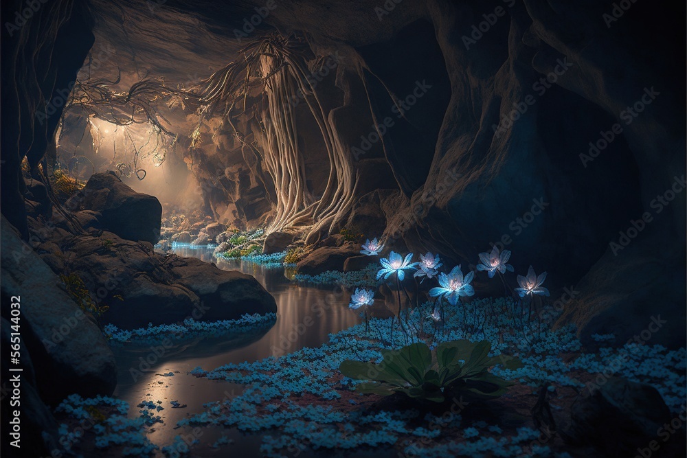 Poster a cave with a stream and flowers in the foreground and a light shining through the cave door and int