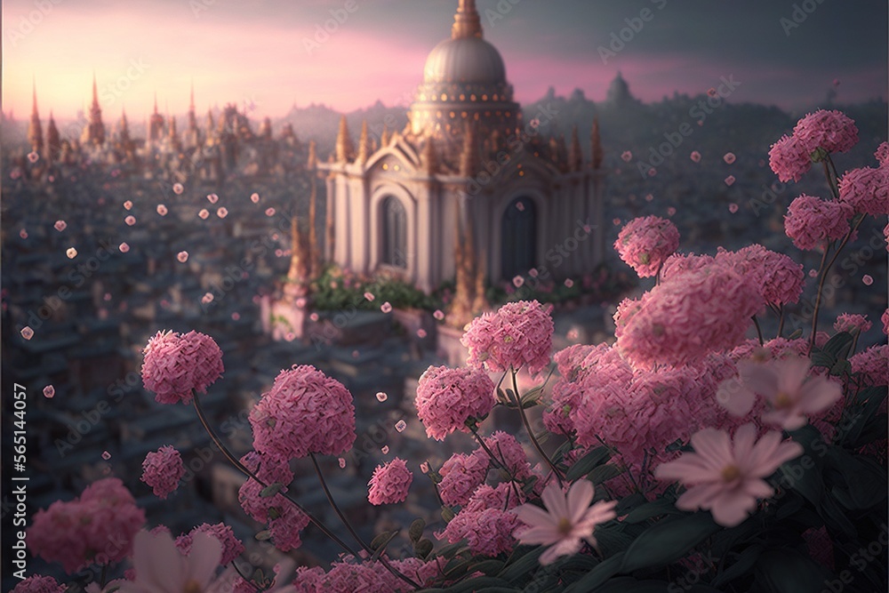 Poster a painting of a city with a lot of flowers in front of it and a building in the background with a sp