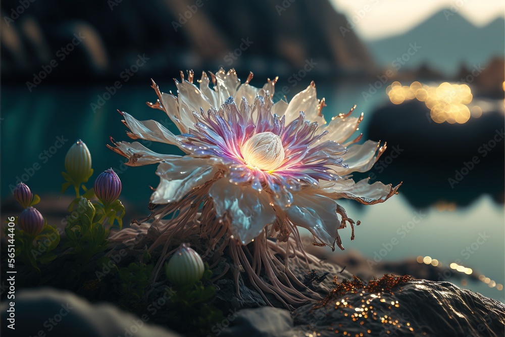 Poster  a flower that is sitting on a rock near water and rocks with lights in the background and a mountain in the distance with a lake in the foreground with a few lights on the.  generative ai