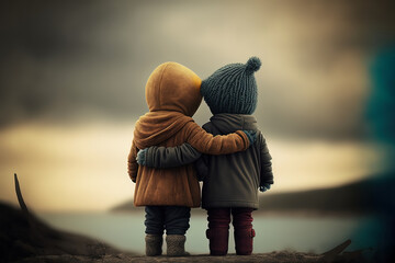 Cute image of the two kids hugging. Generative Ai.