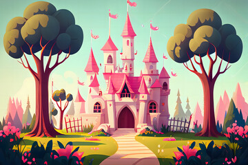 Fairy tale background with a princess castle in the forest. Castle with pink flags, precious hearts, roofs, towers, and gates in a beautiful landscape.