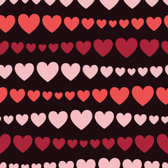 Uneven stripes of hearts, baby pink, coral, burgundy colors, seamless vector pattern
