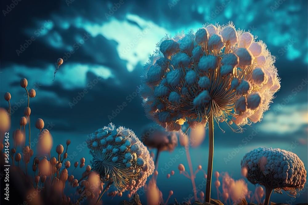 Poster a painting of a field of flowers with a sky background and clouds in the background with a blue sky 
