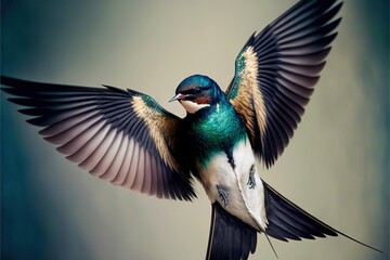  a bird with a blue and green body and wings spread out, with its wings spread wide open, with a blue background and a gray sky in the background.  generative ai