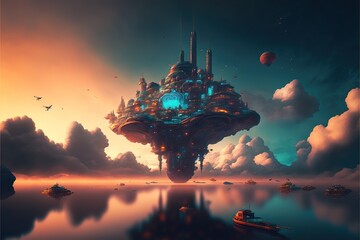 Obraz premium Sci-Fi Floating City in the Sky, Architecture Blend of Art Deco and Cyberpunk. Generative AI.