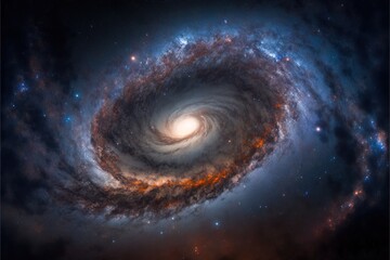  a spiral galaxy with a bright center surrounded by stars and dust, with a blue sky background and a red and blue star in the center.  generative ai