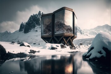 Architectural Design Exterior View in Winter Mountains. Generative AI.
