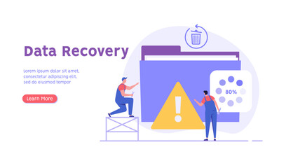 Naklejka premium Man in uniform repairing HDD. Restoration process. Data recovery, data storage backup, hardware disk repair service. Vector illustration in flat cartoon design