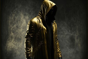 Mysterious Hooded Anonymous Man in Golden Jacket. Generative AI.