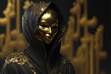 Dark Fantasy Female Character in Long Velvet Gown and Mask. Gold and Black. Generative AI.