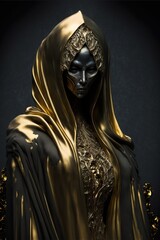 Obraz premium Dark Fantasy Female Character in Long Velvet Gown and Mask. Gold and Black. Generative AI.