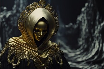 Dark Fantasy Female Character in Long Velvet Gown and Mask. Gold and Black. Generative AI.