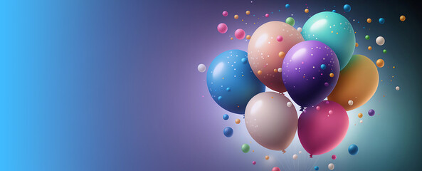 Background with bundle of colorful flying balloons. Warm light. Glittering Soaring into the Sky. Template design
