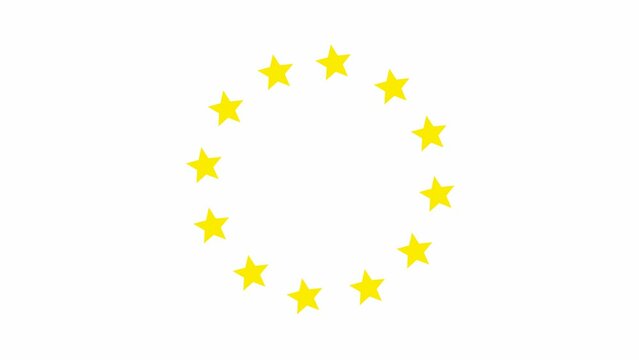 Animated increasing yellow twelve star circles from the center. Looped video. Concept of European Union. Vector illustration isolated on white background.
