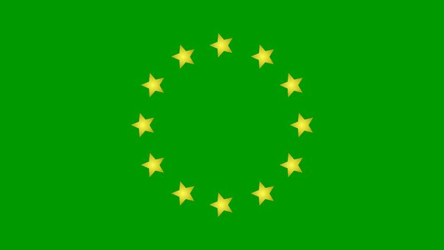 Animated increasing golden twelve star circles from the center. Looped video. Concept of European Union. Vector illustration isolated on green background.