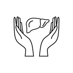 Human hands holding liver organ. Liver treatment concept. Minimal design. Health care Vector illustration