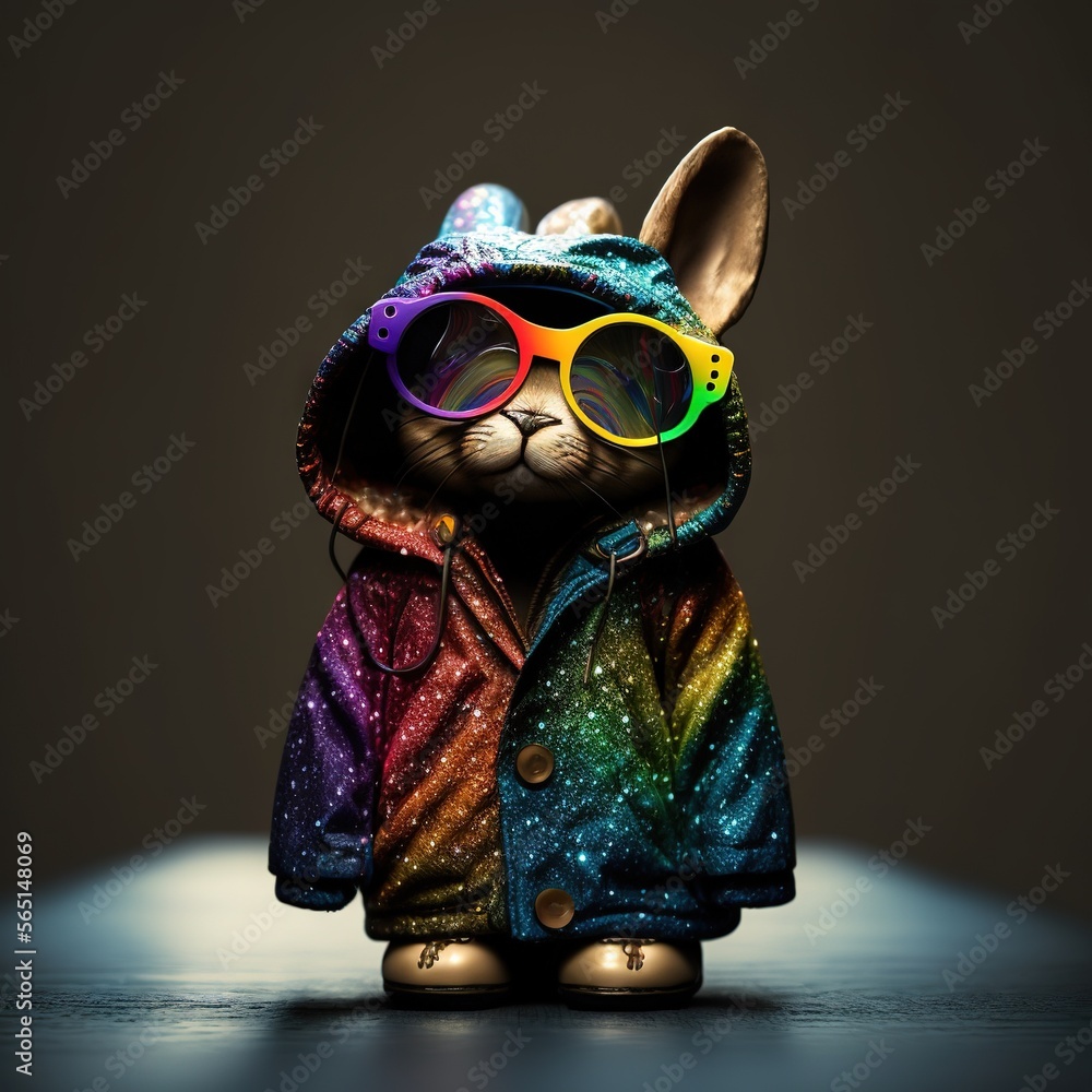 Poster a small toy with a jacket and sunglasses on it's head and a hoodie on it's head, sitting on a table 