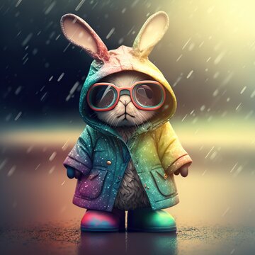  a rabbit wearing a jacket and sunglasses in the rain with a jacket on and a hat on and a coat on and a jacket on, with a hood, and a rain, and.  generative ai