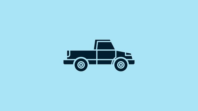 Blue Pickup truck icon isolated on blue background. 4K Video motion graphic animation