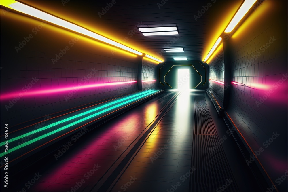 Poster a long tunnel with neon lights and a door leading to another tunnel with a bright light coming from 