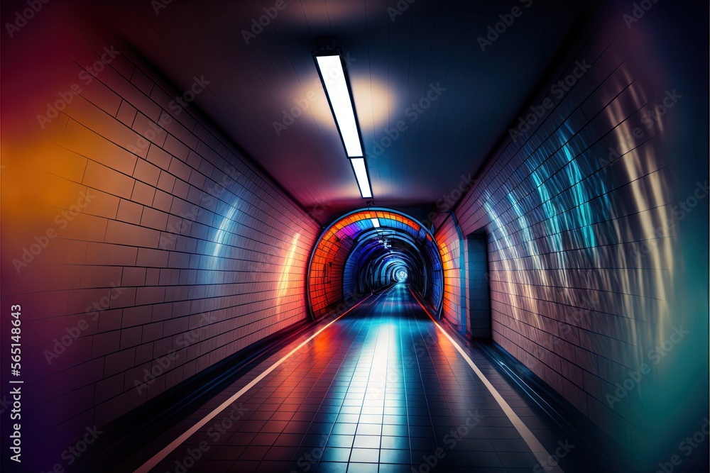 Poster a long tunnel with a bright light at the end of it and a long hallway with a long light at the end o