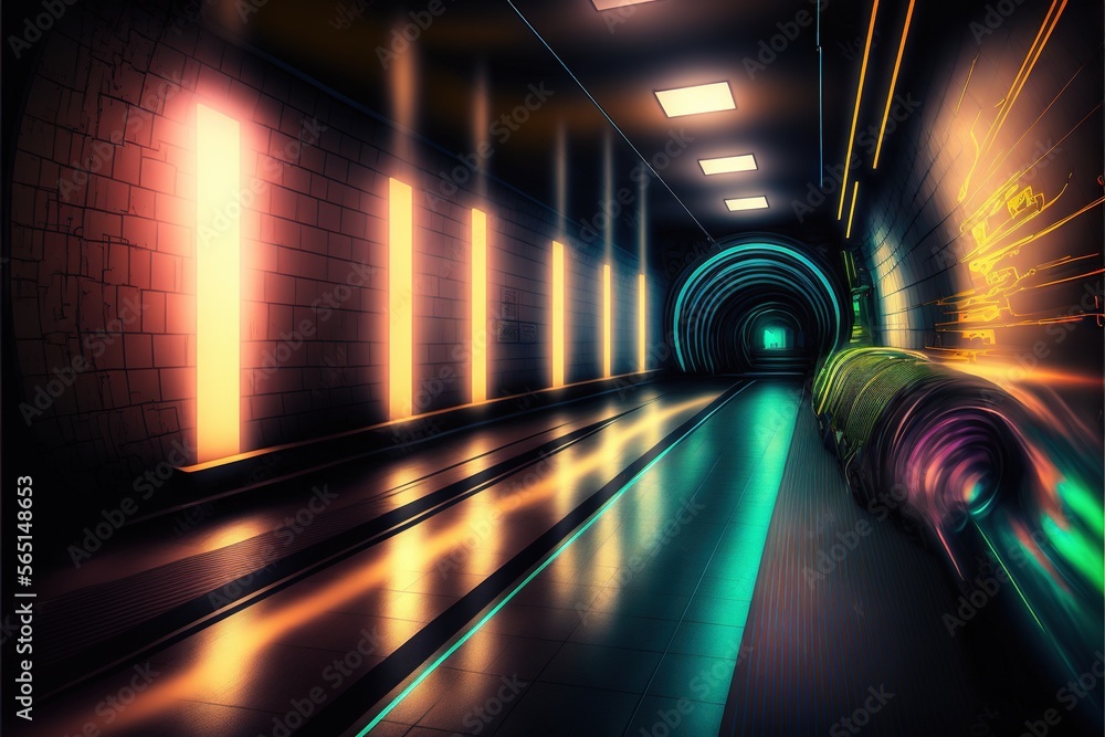 Poster a tunnel with a long train going through it and lights on the side of the tunnel and a long train go