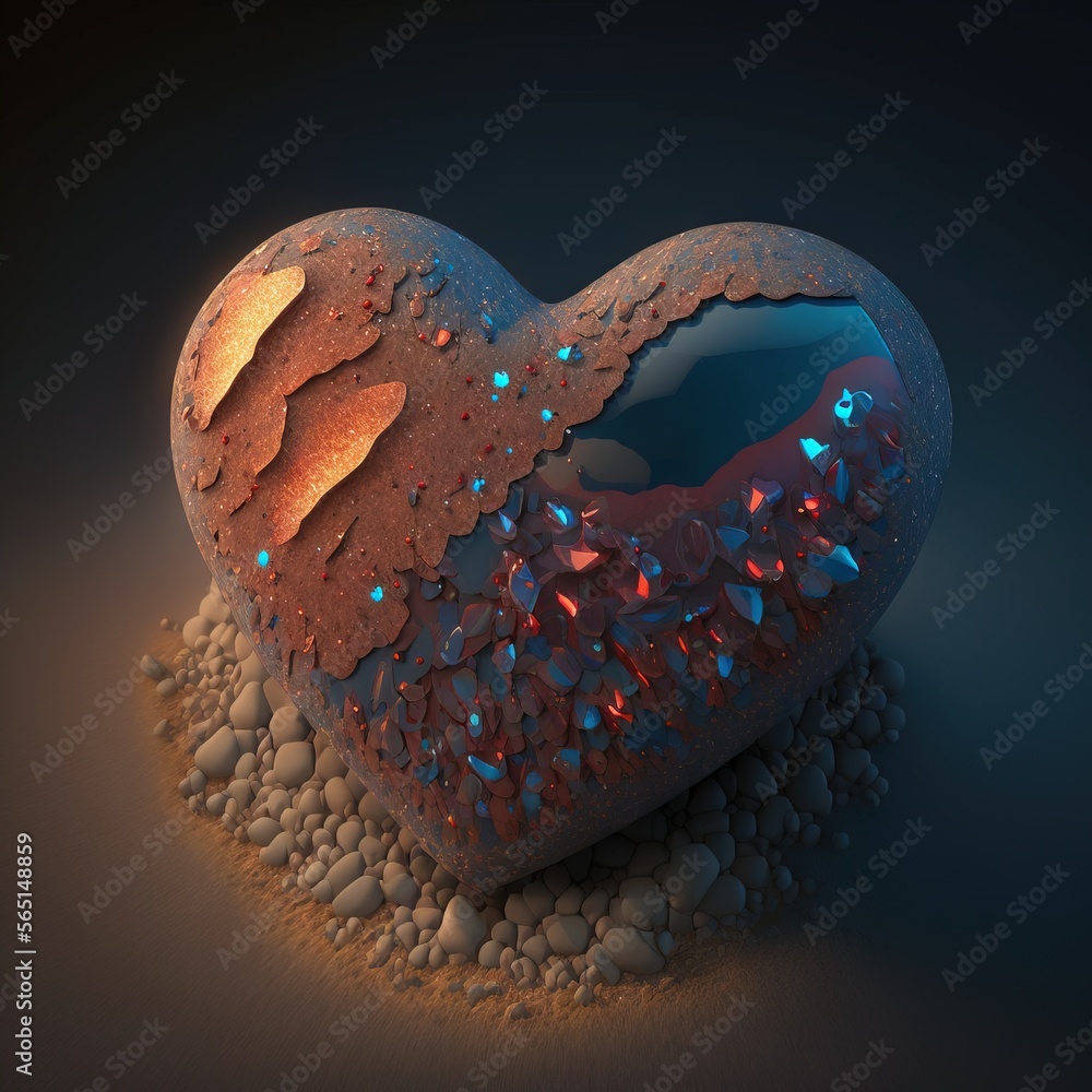 Poster a heart shaped object with a hole in the middle of it and a rock underneath it, with a blue light sh